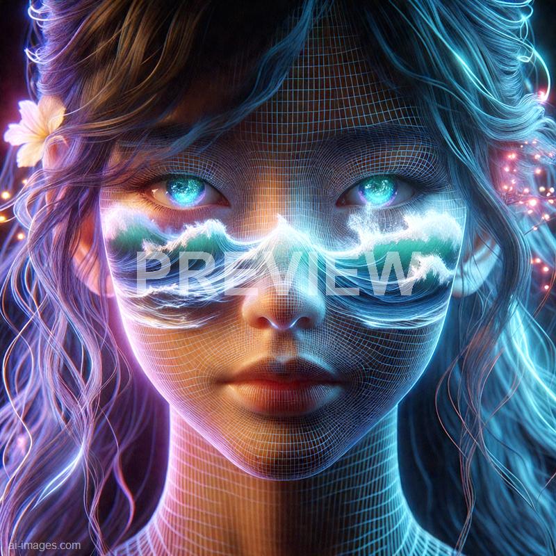 The image features a futuristic, digital portrait of a woman with glowing blue eyes and flowing hair, which appears to be intertwined with vibrant, neon-colored waves and sparkles. A wireframe grid overlays her face and neck, emphasizing a high-tech, cyber aesthetic, while the background is dark, making the luminous elements stand out dramatically. There is also a subtle presence of a flower tucked into her hair, adding a delicate touch to the otherwise high-tech theme.